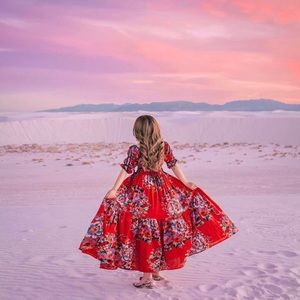 Floral Tie Waist Maxi Dress - Red